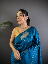 Dista Elora Sea Blue Lichi Silk Striped Jacquard Zari Weaving Banarasi Saree, view 3