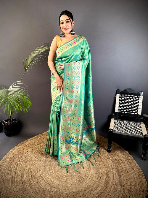 Dista Elora Sea Green Banarasi Lichi Silk Meenakari Zari Weaving Patola Saree