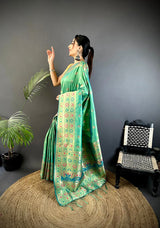 Dista Elora Sea Green Banarasi Lichi Silk Meenakari Zari Weaving Patola Saree, view 2