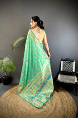 Dista Elora Sea Green Banarasi Lichi Silk Meenakari Zari Weaving Patola Saree, view 3