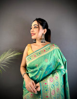 Dista Elora Sea Green Banarasi Lichi Silk Meenakari Zari Weaving Patola Saree, view 5