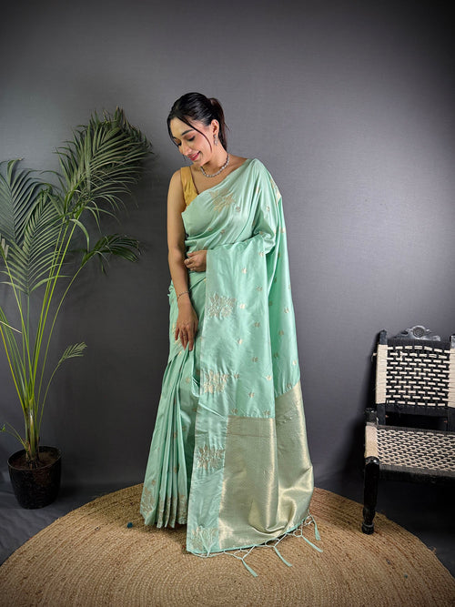 Dista Elora Sea Green Lichi Silk Flower Zari Weaving Banarasi Saree