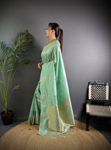 Dista Elora Sea Green Lichi Silk Flower Zari Weaving Banarasi Saree, view 2