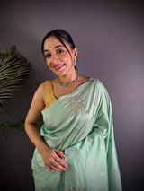 Dista Elora Sea Green Lichi Silk Flower Zari Weaving Banarasi Saree, view 3