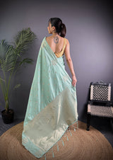 Dista Elora Sea Green Lichi Silk Flower Zari Weaving Banarasi Saree, view 4