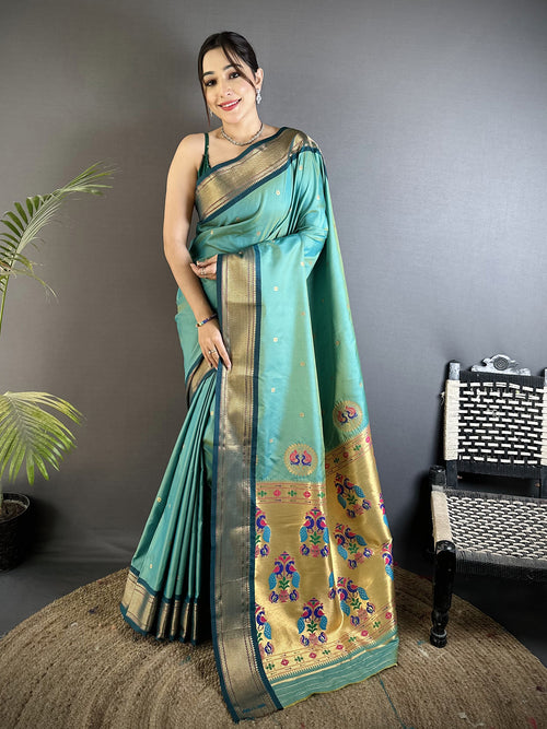 Dista Elora Sea Green Lichi Silk Peacock Ethnic Motifs Zari Woven Paithani Saree