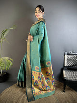 Dista Elora Sea Green Lichi Silk Peacock Ethnic Motifs Zari Woven Paithani Saree, view 2