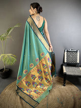 Dista Elora Sea Green Lichi Silk Peacock Ethnic Motifs Zari Woven Paithani Saree, view 3