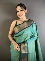 Dista Elora Sea Green Lichi Silk Peacock Ethnic Motifs Zari Woven Paithani Saree, view 4