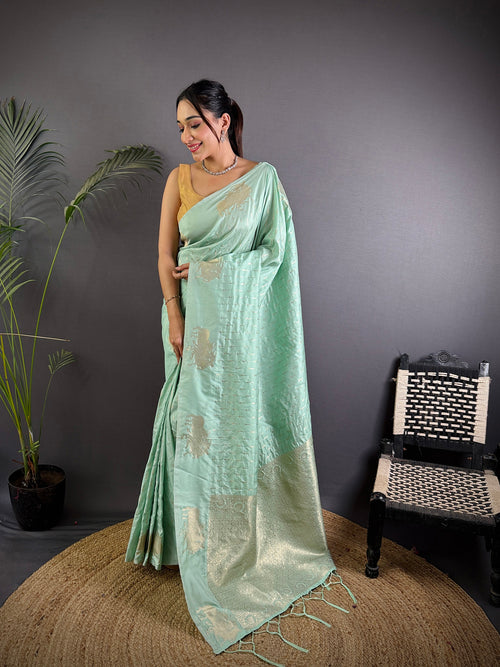 Dista Elora Sea Green Lichi Silk Striped Jacquard Zari Weaving Banarasi Saree