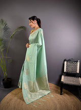 Dista Elora Sea Green Lichi Silk Striped Jacquard Zari Weaving Banarasi Saree, view 2