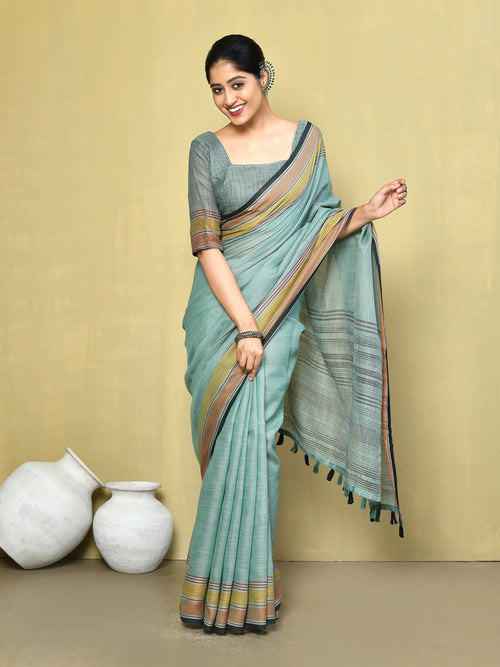 Dista Elora Sea Green Linen Plain Handloom Everyday Use and Casual Saree