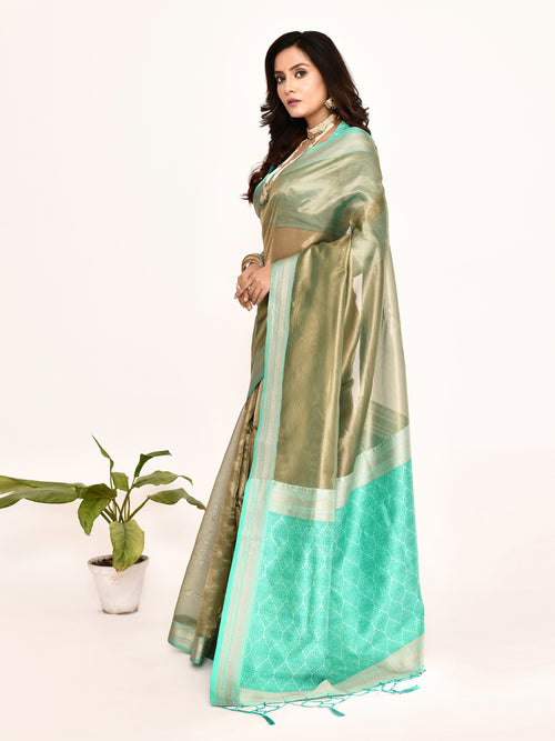 Dista Elora Sea Green Plain Banarasi Tissue Silk Weaving Saree