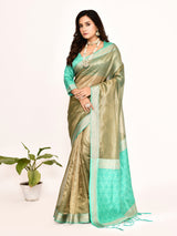 Dista Elora Sea Green Plain Banarasi Tissue Silk Weaving Saree, view 2