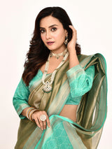 Dista Elora Sea Green Plain Banarasi Tissue Silk Weaving Saree, view 4