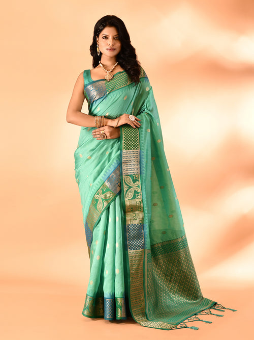 Dista Elora Sea Green Pure Cotton Silk Banarasi Weaving Saree