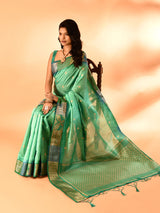 Dista Elora Sea Green Pure Cotton Silk Banarasi Weaving Saree, view 5