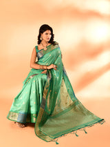 Dista Elora Sea Green Pure Cotton Silk Banarasi Weaving Saree, view 6