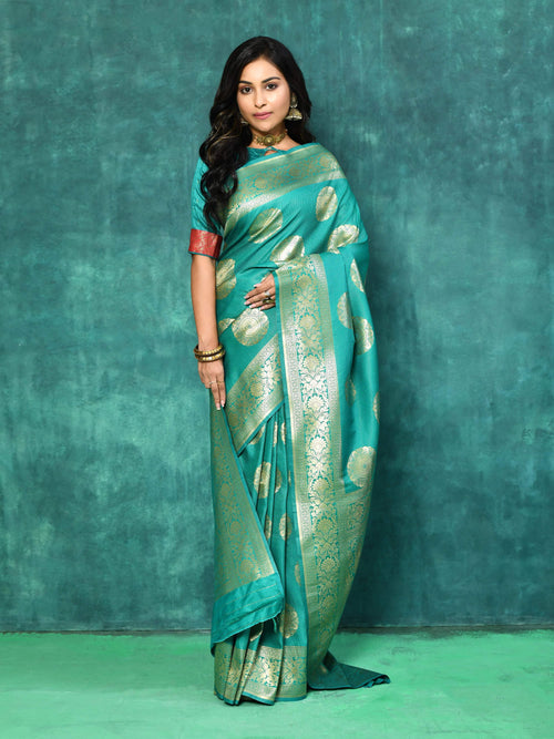 Dista Elora Sea Green Silk Blend Banarasi Woven Designer Saree For Women