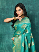 Dista Elora Sea Green Silk Blend Banarasi Woven Designer Saree For Women, view 3