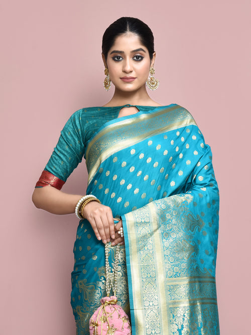 Dista Elora Sea Green Silk Blend Woven Designer Banarasi Saree For Women