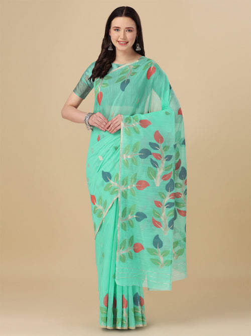 Dista Elora Sea Green Soft Cotton Floral Printed Bhagalpuri Designer Saree