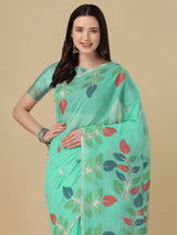 Dista Elora Sea Green Soft Cotton Floral Printed Bhagalpuri Designer Saree, view 2