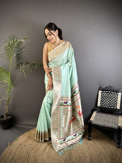 Dista Elora Sea Green Soft Lichi Silk Peacock & Floral Motifs Jacquard Kanchipuram Saree
