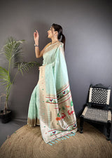 Dista Elora Sea Green Soft Lichi Silk Peacock & Floral Motifs Jacquard Kanchipuram Saree, view 2