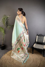 Dista Elora Sea Green Soft Lichi Silk Peacock & Floral Motifs Jacquard Kanchipuram Saree, view 3