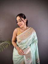 Dista Elora Sea Green Soft Lichi Silk Peacock & Floral Motifs Jacquard Kanchipuram Saree, view 4