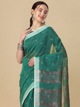 Dista Elora Sea Green Soft Linen Butti Printed Bhagalpuri Office & Workplace Attire Saree, view 2
