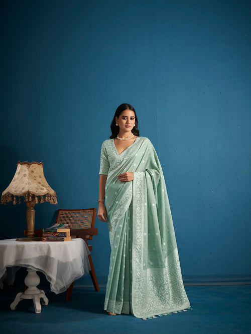 Dista Elora Sea Green Soft Linen Silk Chikankari Casual Designer Wear Saree