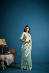 Dista Elora Sea Green Soft Linen Silk Chikankari Casual Designer Wear Saree, view 3