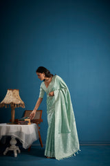 Dista Elora Sea Green Soft Linen Silk Chikankari Casual Designer Wear Saree, view 4