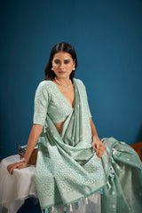 Dista Elora Sea Green Soft Linen Silk Chikankari Casual Designer Wear Saree, view 5