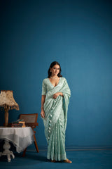 Dista Elora Sea Green Soft Linen Silk Chikankari Casual Designer Wear Saree, view 6