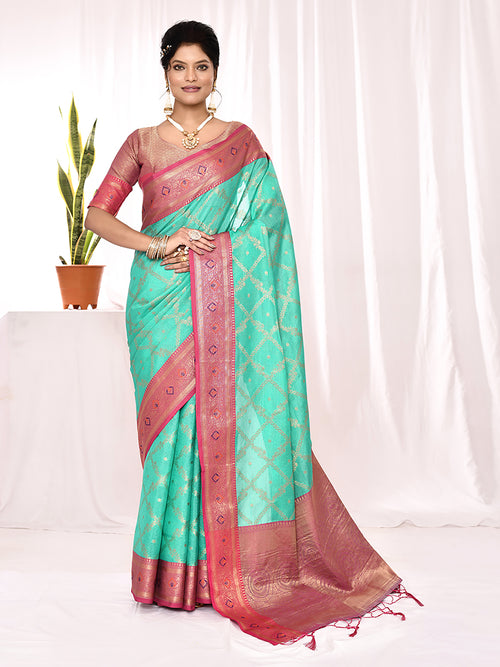 Dista Elora Sea Green Soft Silk Banarasi Woven Chex Weaving Saree