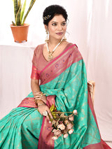 Dista Elora Sea Green Soft Silk Banarasi Woven Chex Weaving Saree, view 2
