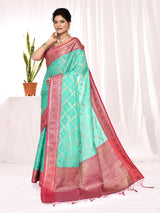 Dista Elora Sea Green Soft Silk Banarasi Woven Chex Weaving Saree, view 3