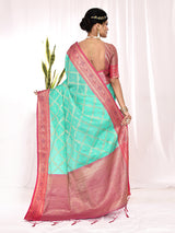 Dista Elora Sea Green Soft Silk Banarasi Woven Chex Weaving Saree, view 4