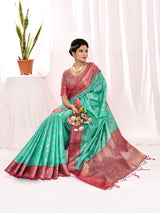 Dista Elora Sea Green Soft Silk Banarasi Woven Chex Weaving Saree, view 5