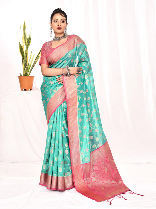 Dista Elora Sea Green Soft Silk Banarasi Woven Floral Weaving Saree