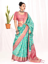 Dista Elora Sea Green Soft Silk Banarasi Woven Floral Weaving Saree, view 2