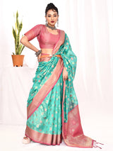 Dista Elora Sea Green Soft Silk Banarasi Woven Floral Weaving Saree, view 3