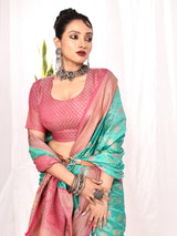 Dista Elora Sea Green Soft Silk Banarasi Woven Floral Weaving Saree, view 4