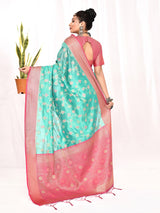 Dista Elora Sea Green Soft Silk Banarasi Woven Floral Weaving Saree, view 6