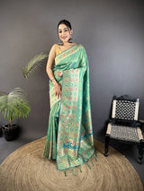 Dista Elora Sea Green Soft Silk Geometric Zari Woven Patola Saree, view 2