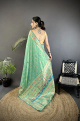 Dista Elora Sea Green Soft Silk Geometric Zari Woven Patola Saree, view 3