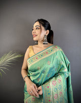 Dista Elora Sea Green Soft Silk Geometric Zari Woven Patola Saree, view 4